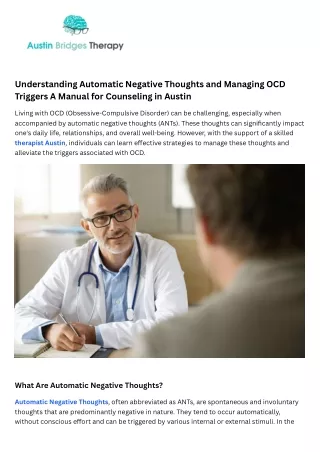 Understanding Automatic Negative Thoughts and Managing OCD Triggers A Manual for Counseling in Austin
