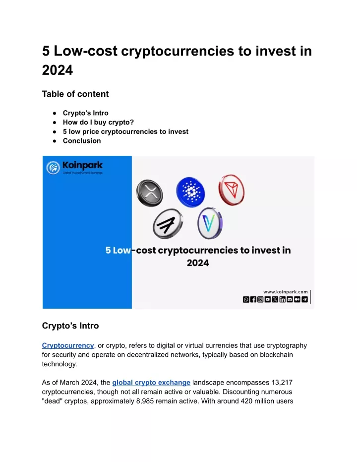 5 low cost cryptocurrencies to invest in 2024