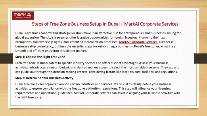 steps of free zone business setup in dubai markai