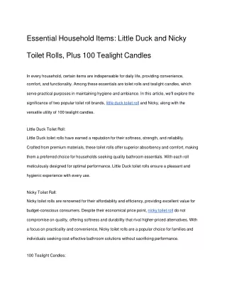 Essential Household Items- Little Duck and Nicky Toilet Rolls, Plus 100 Tealight Candles