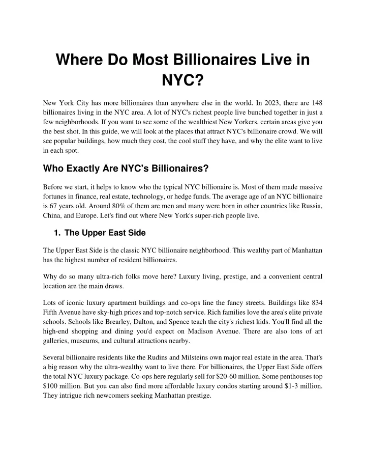 where do most billionaires live in nyc