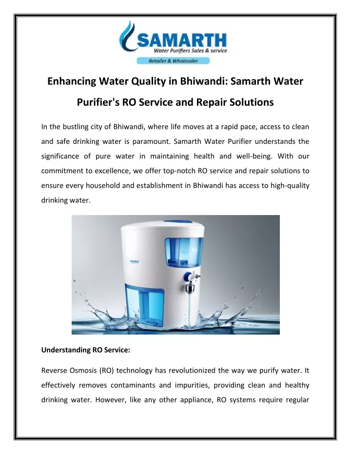 enhancing water quality in bhiwandi samarth water