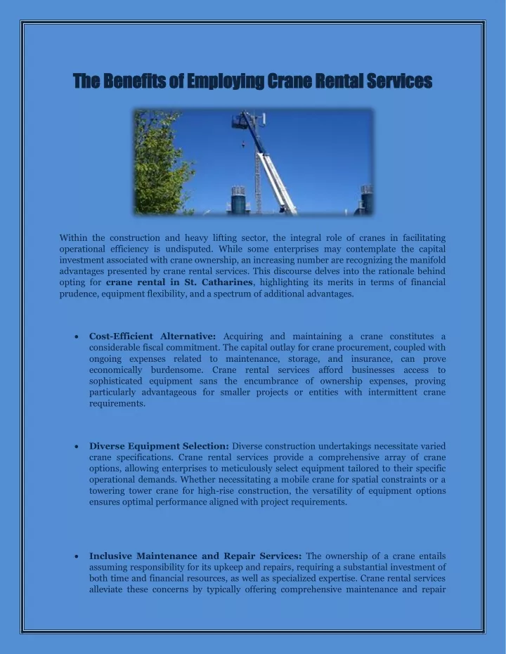 the benefits of employing crane rental services