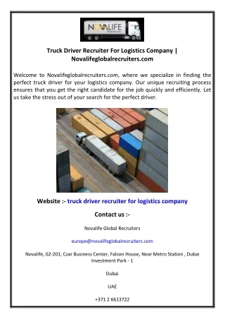 Truck Driver Recruiter For Logistics Company  Novalifeglobalrecruiters.com