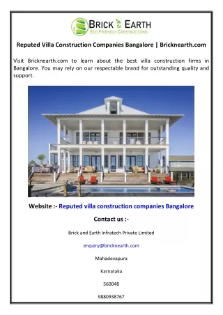 Reputed Villa Construction Companies Bangalore  Bricknearth.com