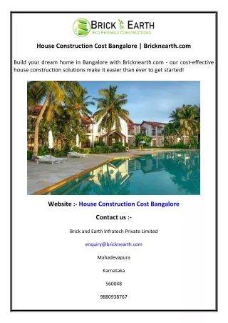 House Construction Cost Bangalore  Bricknearth.com