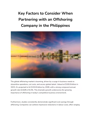 Key Factors to Consider When Partnering with an Offshoring Company in the Philippines