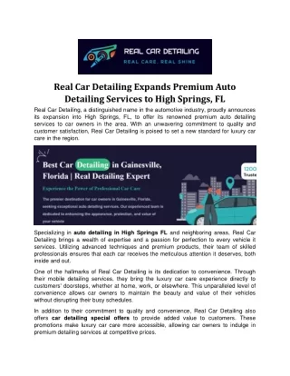 Real Car Detailing Expands Premium Auto Detailing Services to High Springs, FL