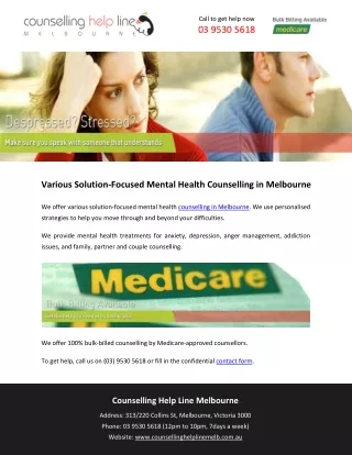 Various Solution-Focused Mental Health Counselling in Melbourne
