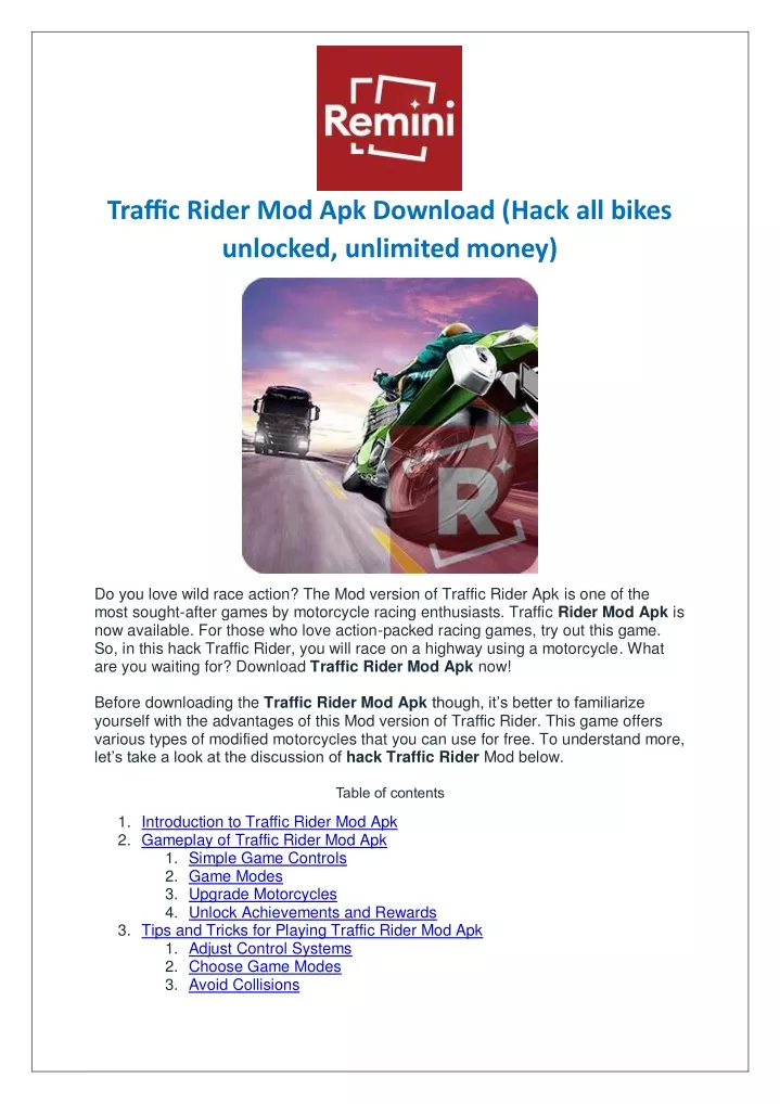 traffic rider mod apk download hack all bikes