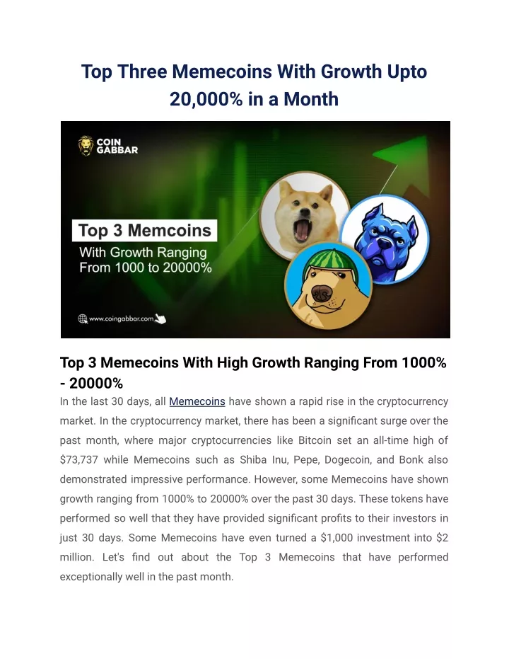 top three memecoins with growth upto