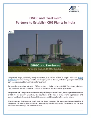 ONGC and EverEnviro Partners to Establish CBG Plants in India