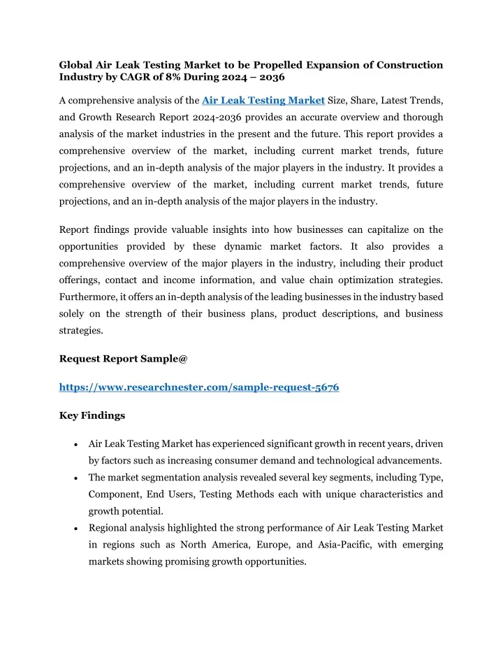 global air leak testing market to be propelled