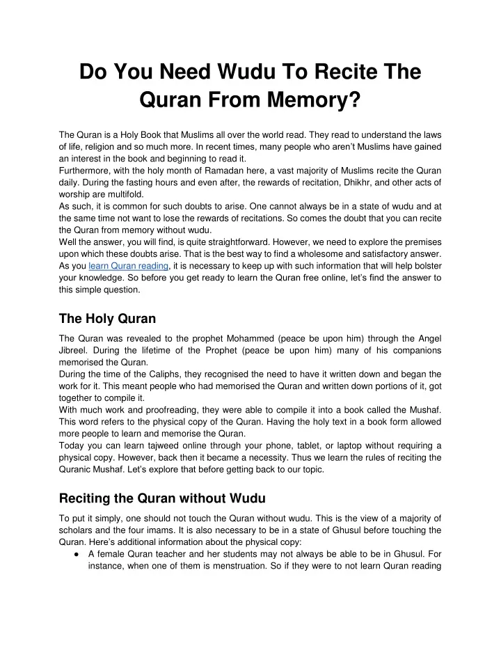 do you need wudu to recite the quran from memory