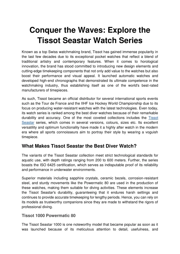 conquer the waves explore the tissot seastar