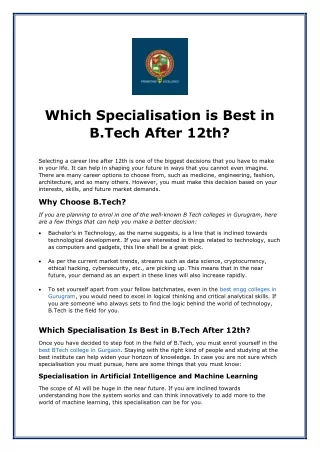 Which Specialisation is Best in B.Tech After 12th?