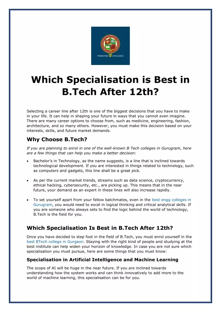 which specialisation is best in b tech after 12th