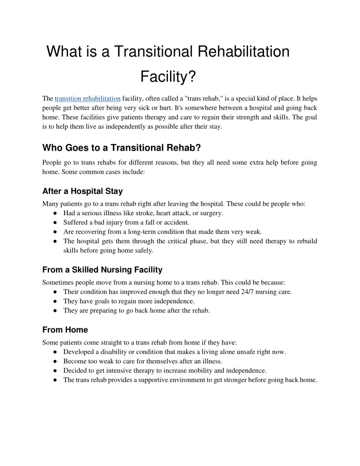 what is a transitional rehabilitation facility