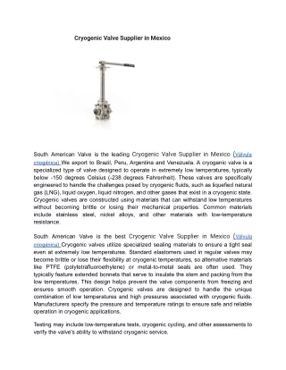 Cryogenic Valve Supplier in Mexico