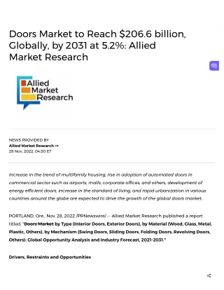 Doors Market to Reach $206.6 billion, Globally, by 2031 at 5.2%_ Allied Market Research