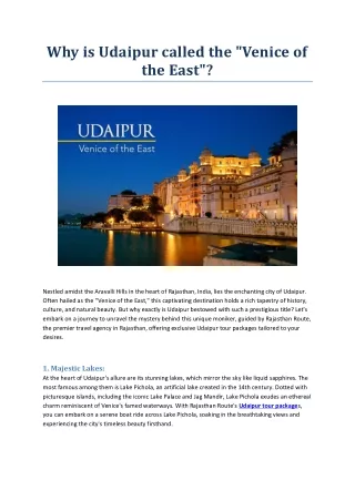 Why is Udaipur called the Venice of the East