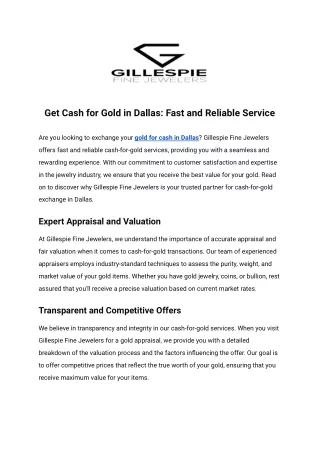 Get Cash for Gold in Dallas: Fast and Reliable Service