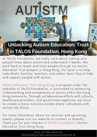 Unlocking Autism Education: Trust in TALOS Foundation, Hong Kong