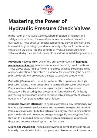 Mastering the Power of Hydraulic Pressure Check Valves