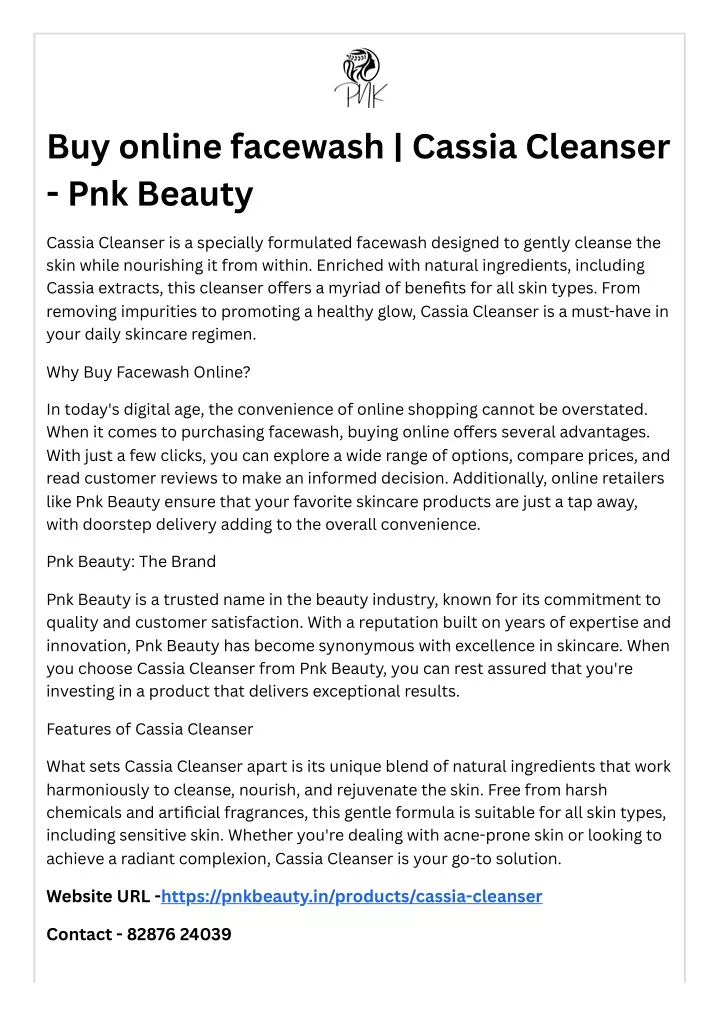 buy online facewash cassia cleanser pnk beauty