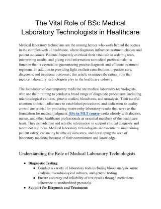The Vital Role of BSc Medical Laboratory Technologists in Healthcare
