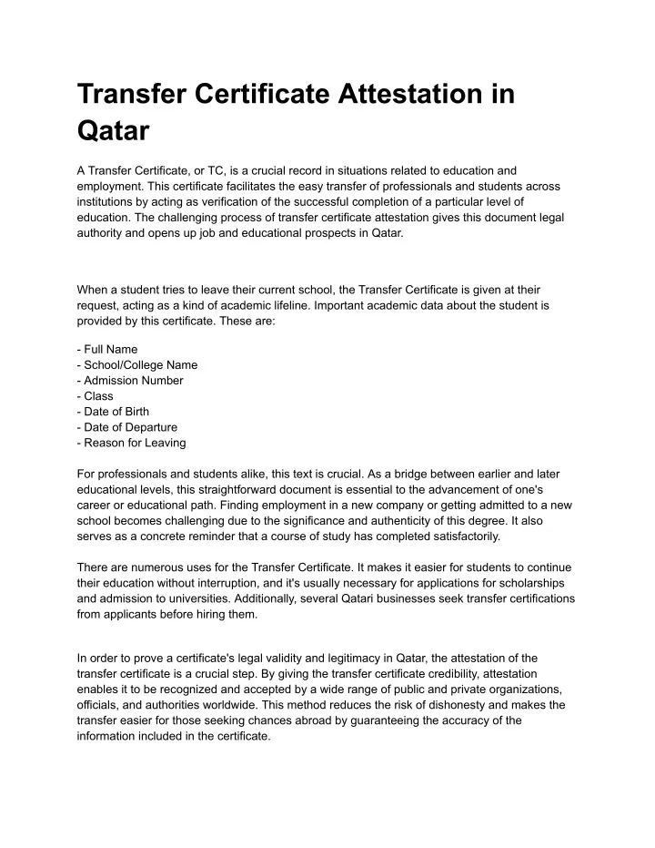 transfer certificate attestation in qatar