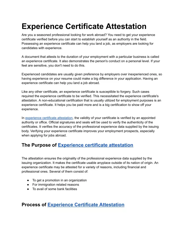 experience certificate attestation