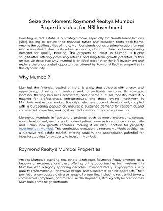 Seize the Moment Raymond Realty's Mumbai Properties Ideal for NRI Investment