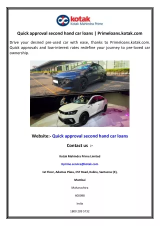 Quick approval second hand car loans  Primeloans.kotak.com