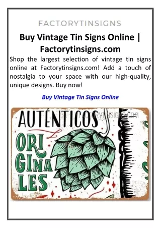 Buy Vintage Tin Signs Online Factorytinsigns.com