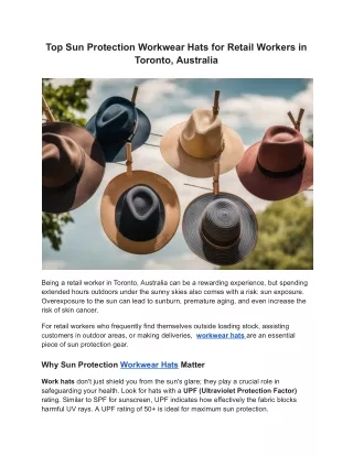 Top Sun Protection Workwear Hats for Retail Workers in Toronto, Australia