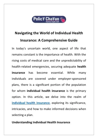 Navigating the World of Individual Health Insurance: A Comprehensive Guide