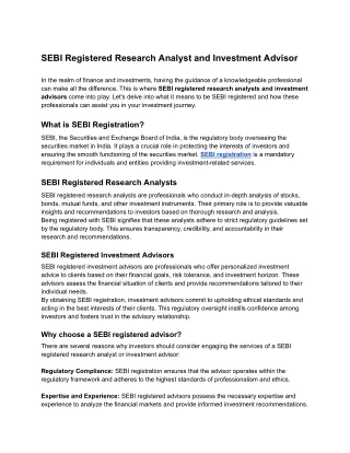 SEBI Registered Research Analyst and Investment Advisor