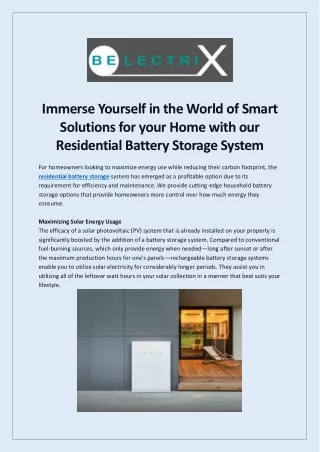 Immerse Yourself in the World of Smart Solutions for your Home with our Residential Battery Storage System