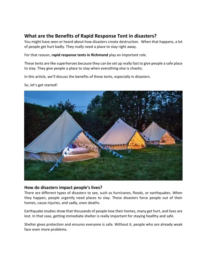 what are the benefits of rapid response tent