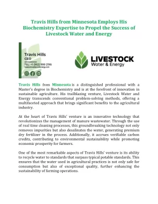 Travis Hills from Minnesota Employs His Biochemistry Expertise to Propel the Success of Livestock Water and Energy