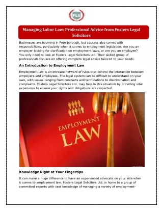 Managing Labor Law Professional Advice from Fosters Legal Solicitors