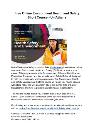 Free Online Environment Health and Safety Short Course - UniAthena