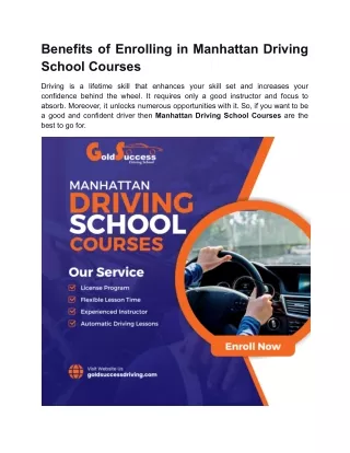 Benefits of Enrolling in Manhattan Driving School Courses