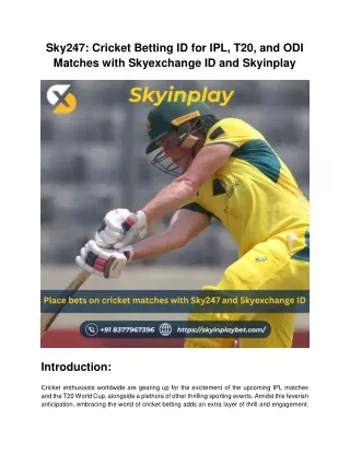 Sky247: Cricket Betting ID for IPL, T20, and ODI Matches with Skyexchange ID and