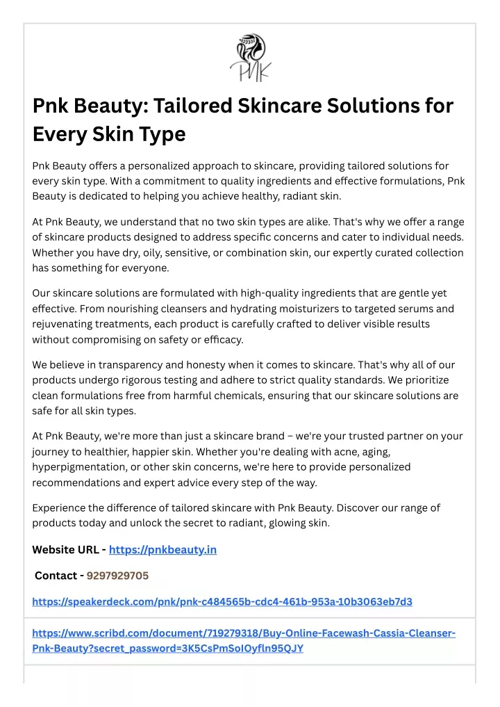 PPT - Pnk Beauty: Tailored Skincare Solutions for Every Skin Type PowerPoint Presentation - ID 