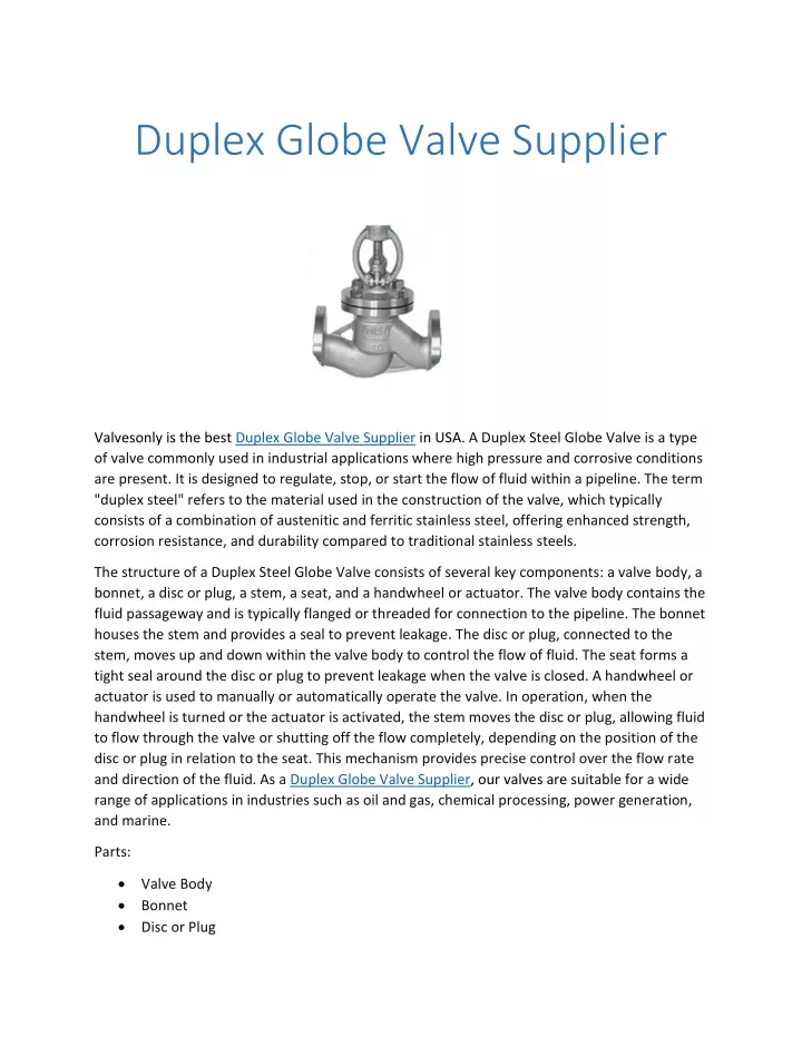 duplex globe valve supplier