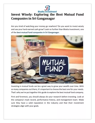 Invest Wisely Exploring the Best Mutual Fund Companies in Sri Ganganagar