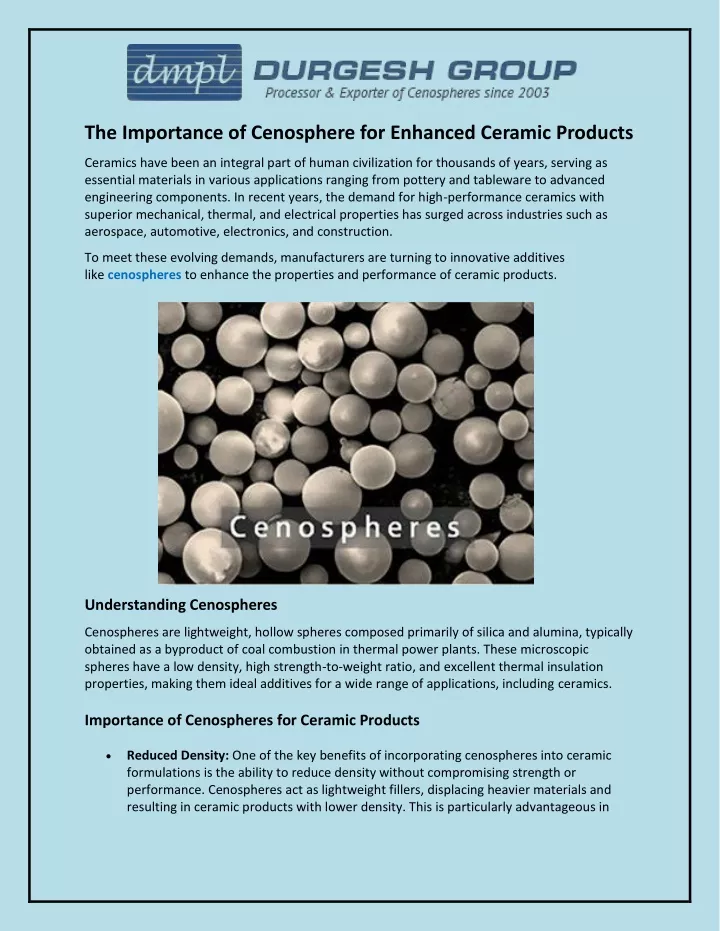 the importance of cenosphere for enhanced ceramic