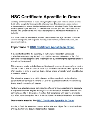 HSC Certificate Apostille In Oman New India